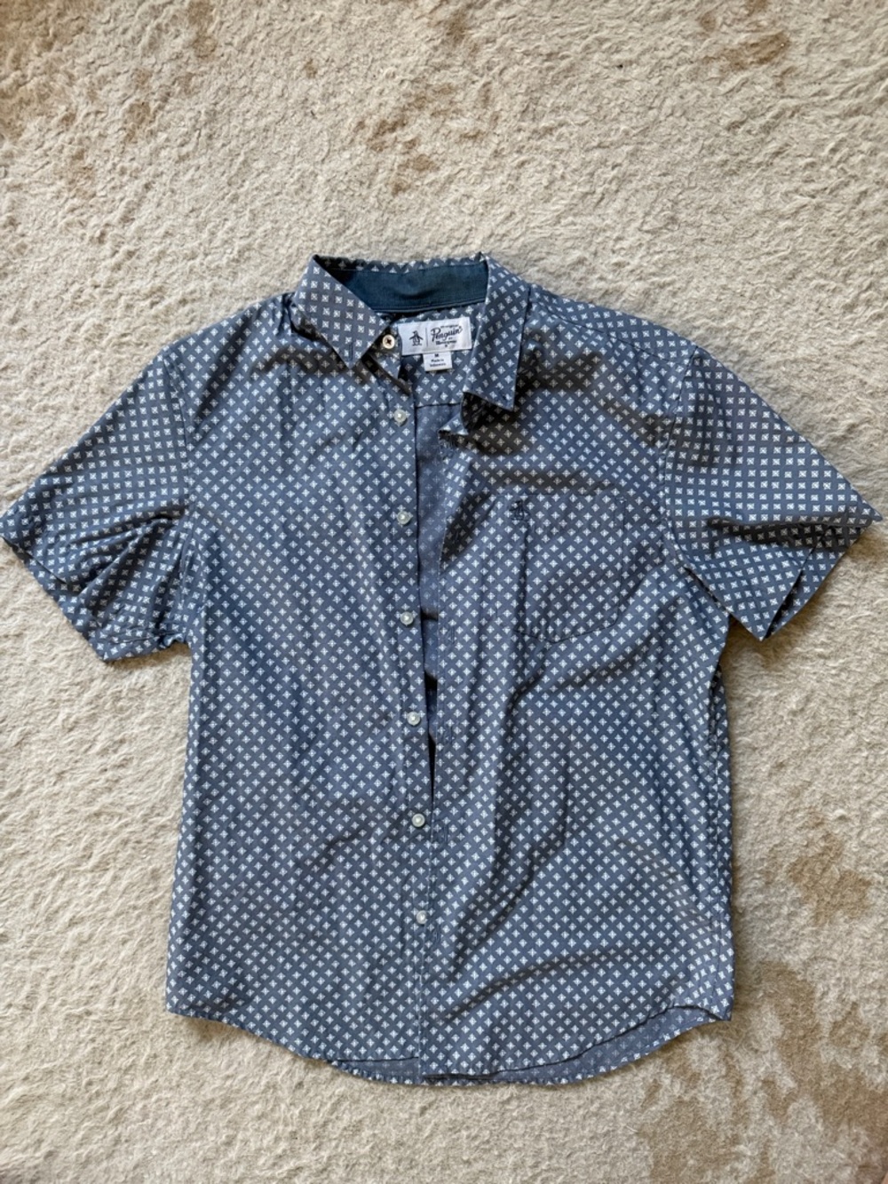Original Penguin Short Sleeve Button-Down Shirt - Navy with White Print
